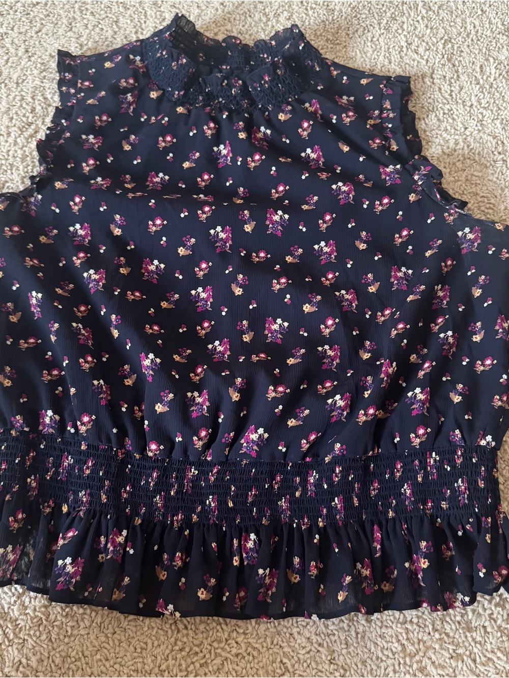 J. Crew Navy Floral Ruffled Mock Neck Top